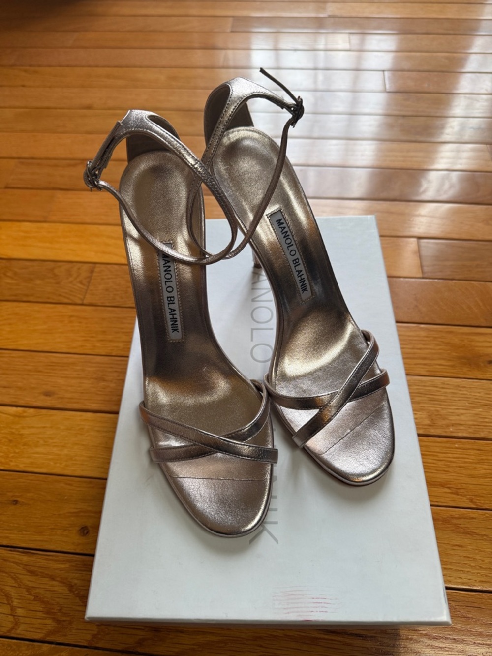 Manolo Blahnik Metallic Silver Ankle-Strap Sandals